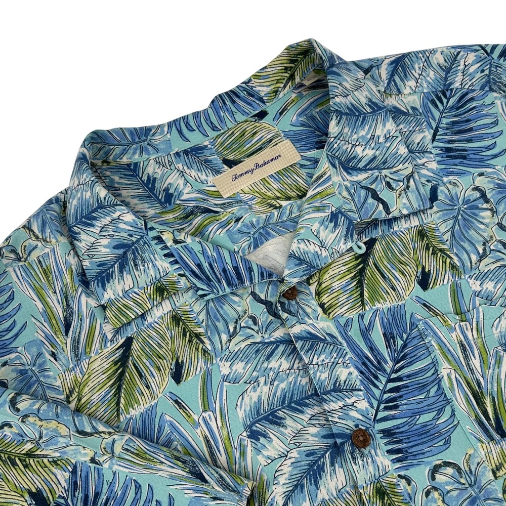 Tommy Bahama Mens XXL Blue Tropical Palm Silk Rayon Short Sleeve Camp Shirt